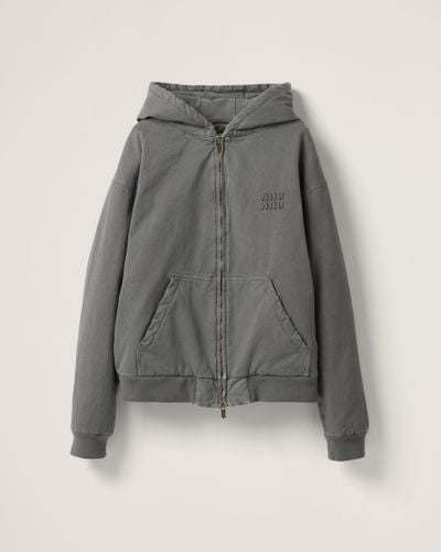 Miu Miu Garment-Dyed Blouson Jacket With Embroidered Logo - Grey