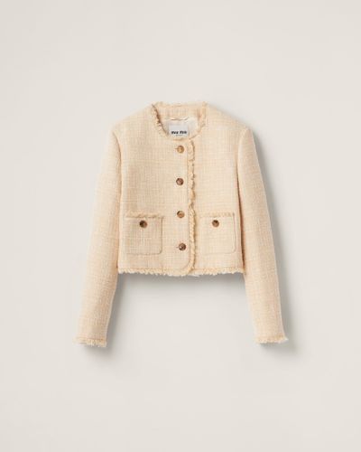 Miu Miu Single-Breasted Tweed Jacket With Embroidered Logo - Natural
