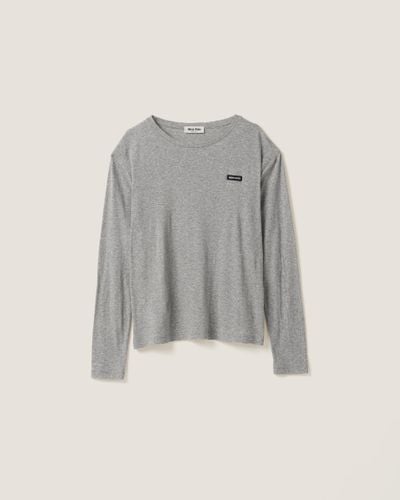 Miu Miu Long-Sleeved Ribbed Jersey T-Shirt - Gray