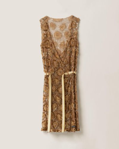 Miu Miu Tulle Dress With Floral Embroidery - Natural