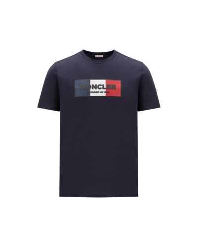 Moncler Schmal geschnittenes T-Shirt aus Baumwoll-Jersey mit Logoprint - Blau