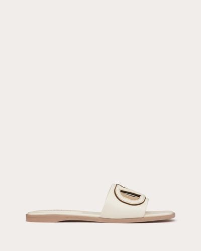 Valentino Garavani VLOGO SLIDE-SANDALEN AUS KALBSLEDER MIT CUT-OUTS - Natur