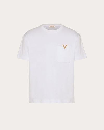 Valentino BAUMWOLL-T-SHIRT MIT V-DETAIL IN METALLIC - Weiß