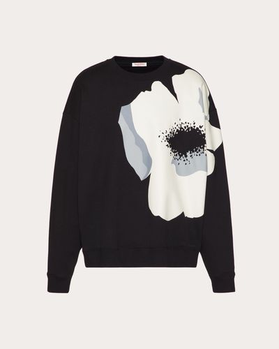 Valentino BAUMWOLL-SWEATSHIRT MIT RUNDHALSAUSSCHNITT UND FLOWER PORTRAIT-AUFDRUCK - Blau