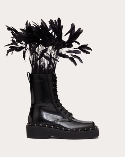 Valentino Garavani ROCKSTUD M-WAY COMBAT BOOTS AUS KALBSLEDER MIT FEDERN, 50 MM - Schwarz