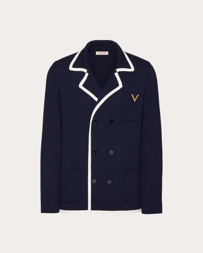 Valentino ZWEIREIHIGE JACKE AUS WOLLE MIT V-DETAIL AUS METALL - Blau