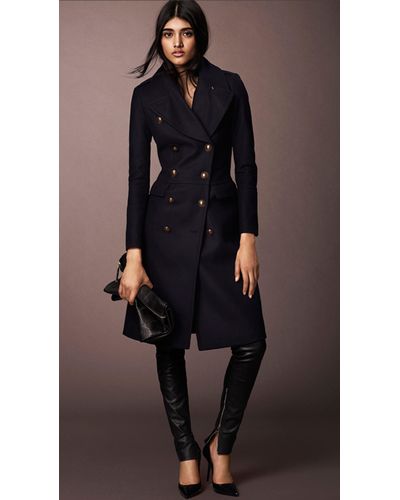 Burberry Wool Blend Fitted Military Coat in Navy (Blue) | Lyst