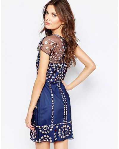 French Connection Synthetic Embroidered Evie Sparkle Mini Dress in Navy  (Blue) - Lyst