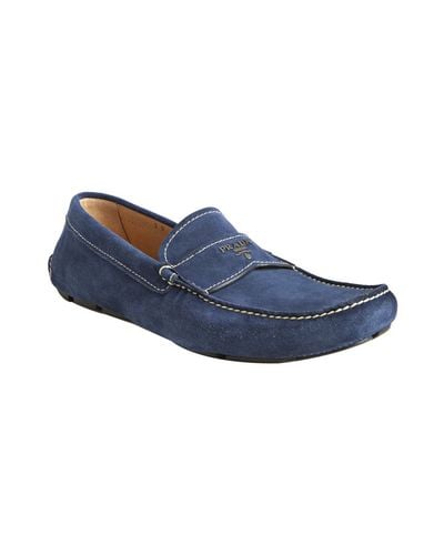 Lyst - Prada Blue Suede Logo Moc Loafers in Blue for Men