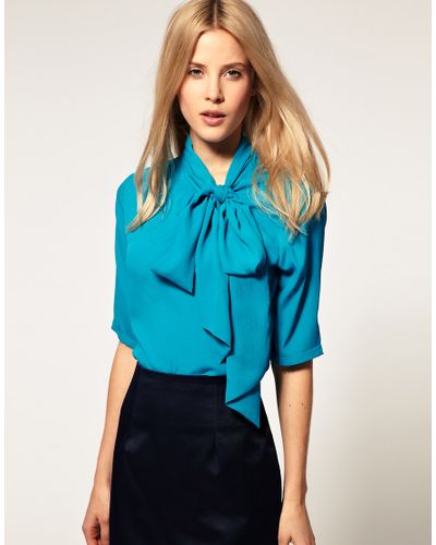 ASOS Collection Blouse with Side Tie Pussybow in Turquoise (Blue) | Lyst
