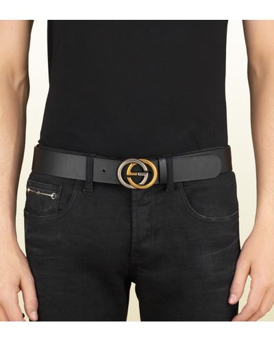Gucci Leather Belt With Bi-color Interlocking G Buckle in Black | Lyst