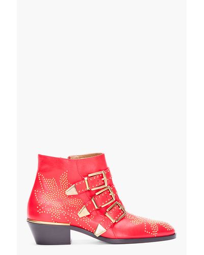Chloé Studded Leather Buckle Ankle Boots in Red - Lyst