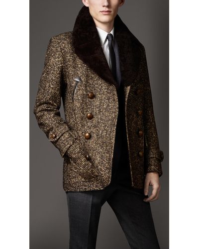 Burberry Shearling Collar Tweed Pea Coat in Brown for Men - Lyst