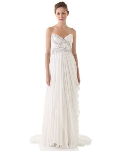 Marchesa Strapless Draped Dress with Embroidered Bodice in Cream (White ...