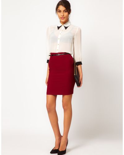 ASOS Belted Pencil Skirt in Burgundy (Red) - Lyst
