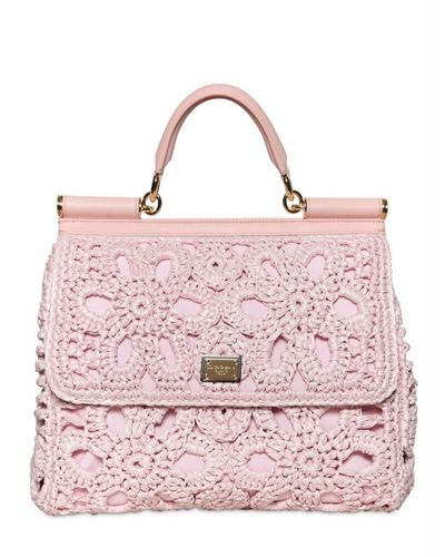 Dolce & Gabbana Miss Sicily Crochet Raffia Canvas Bag in Pink - Lyst