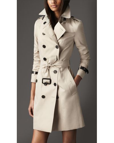 Burberry Long Slim Fit Leather Detail Trench Coat in Natural | Lyst