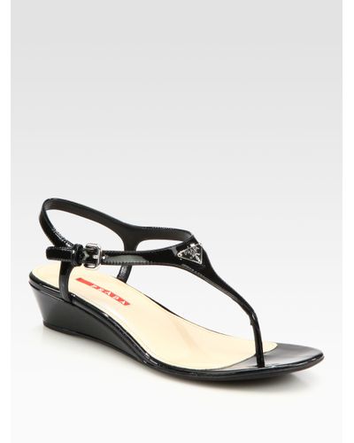 Prada Patent Leather Thong Wedge Sandals in Nero-Black (Black) - Lyst
