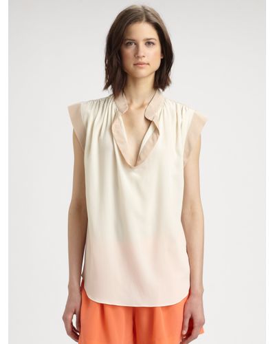 Rebecca Taylor Silk Twotone Blouse in Natural - Lyst