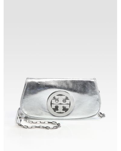 tory burch silver metallic clutch