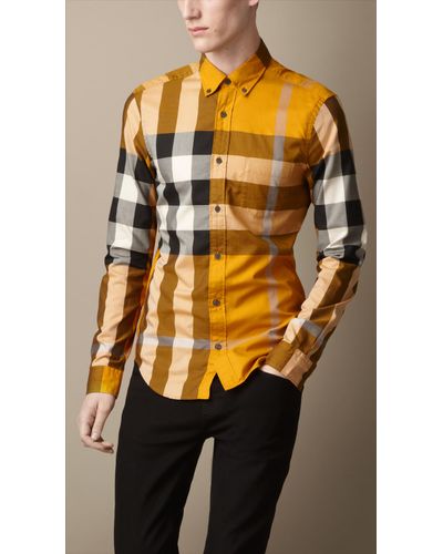 Burberry Buttondown Check Shirt in Yellow for Men - Lyst