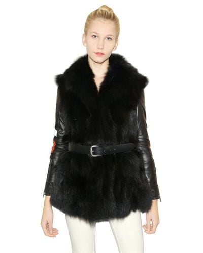 Boutique Moschino Belted Leather Fox Fur Biker Jacket in Black - Lyst