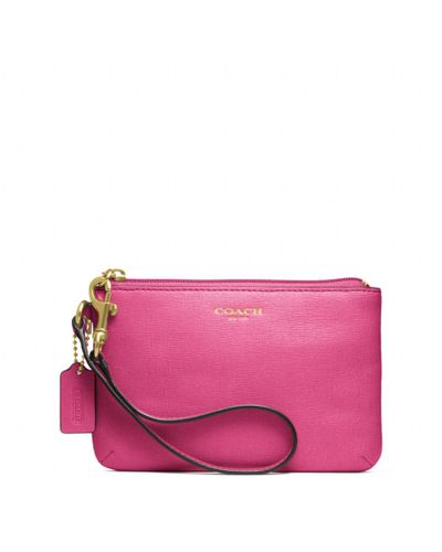 COACH Saffiano Leather Small Wristlet in Brass/Pink (Pink) - Lyst