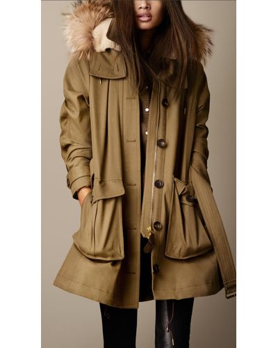 Burberry Military Canvas Fur Trim Parka in Olive Brown (Brown) - Lyst