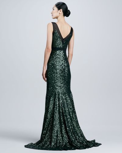 badgley mischka asymmetric draped sequin mermaid gown