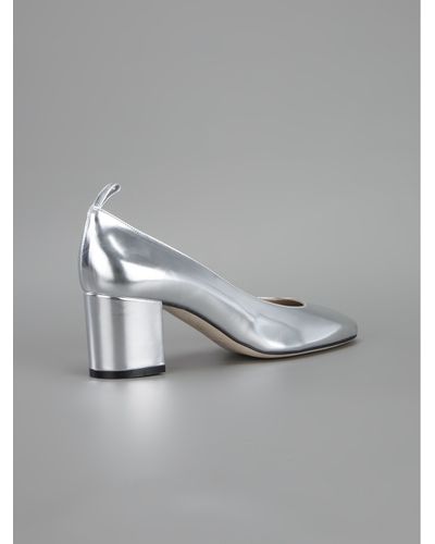 block heel silver pumps