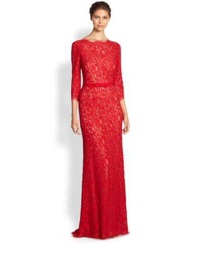 Tadashi Shoji Illusion Lace Gown in Red | Lyst