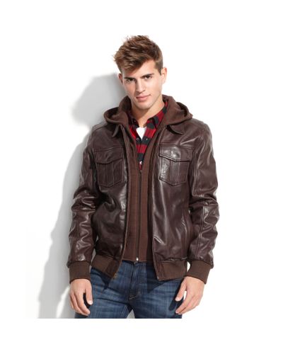 Guess Jacket Fleece Hood Leather Bomber in Brown for Men | Lyst