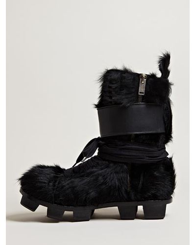 Rick Owens Mens Furry Pony Skin Plinth Boots in Black for Men - Lyst