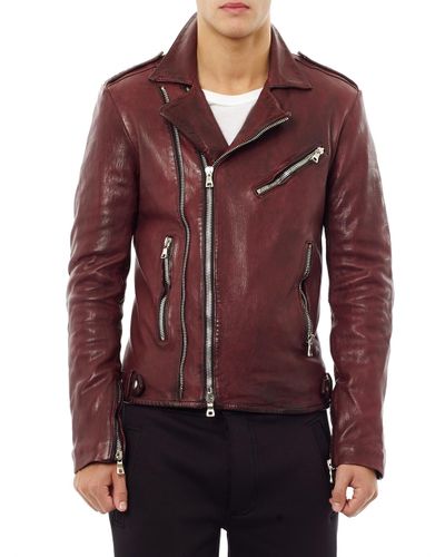 Balmain Distressed Leather Biker Jacket in Burgundy (Red) - Lyst