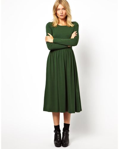 ASOS Midi Skater Dress With Long Sleeves in Green - Lyst