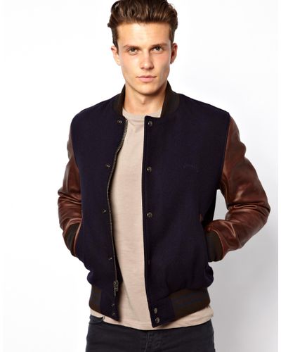ASOS Schott Varsity Jacket with Leather Sleeves in Blue for Men | Lyst