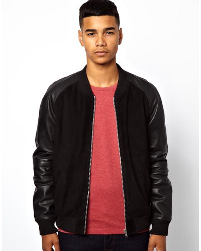 ASOS Suede Bomber Jacket with Leather Sleeves in Black for Men | Lyst