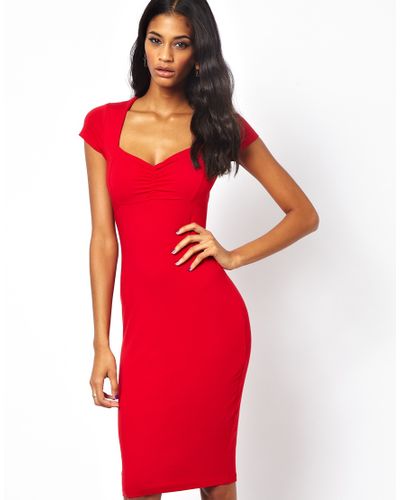 ASOS Bodycon Dress With Ruched Bust And Short Sleeves in Red (Purple ...
