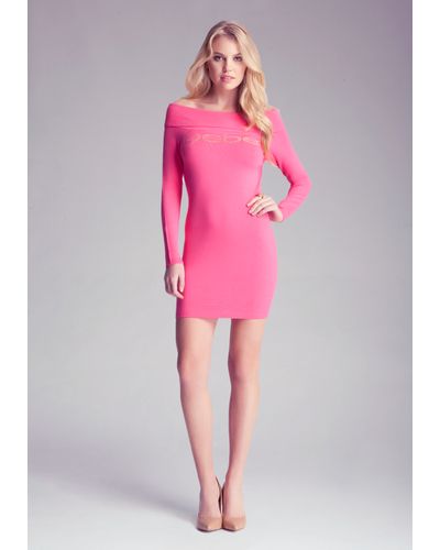 hot pink off the shoulder sweater dress