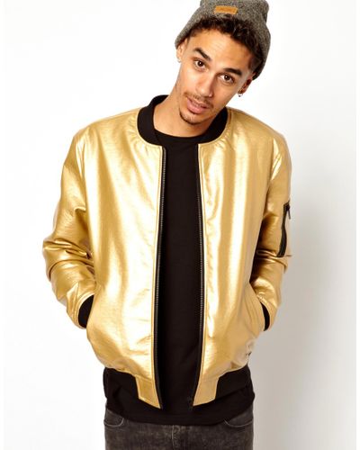 ASOS Faux-Leather Bomber Jacket in Gold (Metallic) for Men - Lyst
