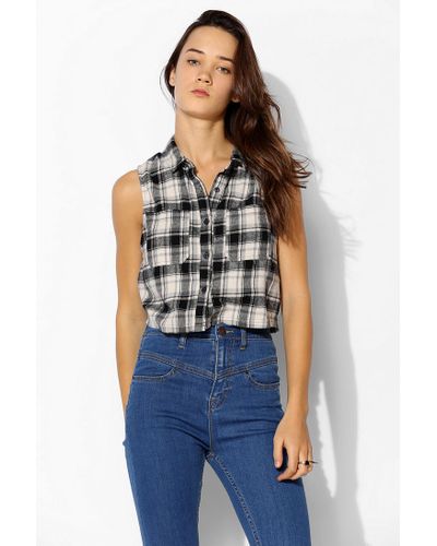 Urban Outfitters Bdg Cropped Sleeveless Flannel Shirt in Dark Grey ...