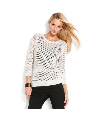 INC International Concepts Metallic Fishnet-knit Sweater in White 
