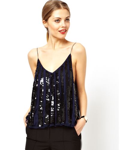 ASOS Cami Top With Sequin Pleated Effect in Navy (Blue) - Lyst