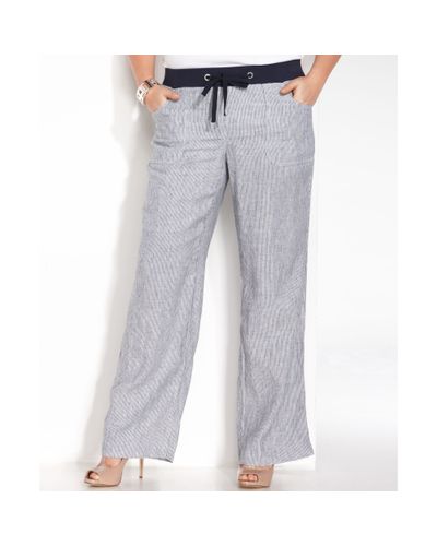 grey and white striped linen pants