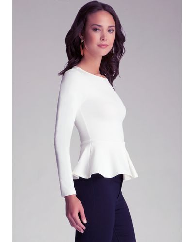 Bebe Long Sleeve Peplum Top In Denim White Lyst