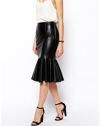 ASOS Peplum Hem Pencil Skirt in Leather Look in Black - Lyst