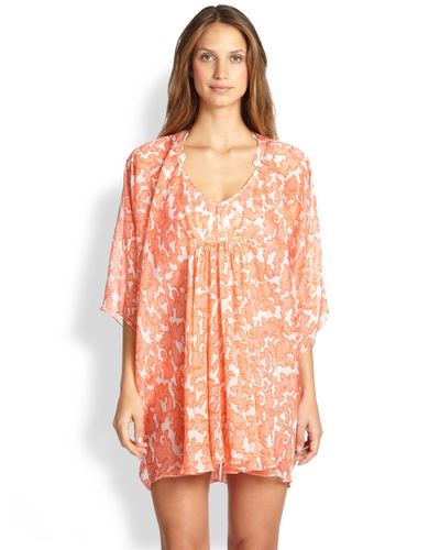 Shoshanna Silk Chiffon Caftan in Coral (Red) - Lyst