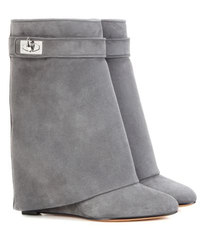 Givenchy Shark Lock Suede Wedge Boots - Gray
