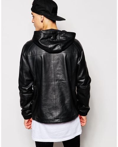 ASOS Leather Hooded Pullover Jacket in Black for Men - Lyst