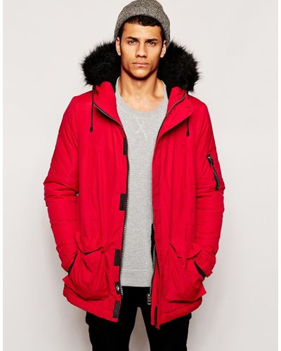 red faux fur hooded coat